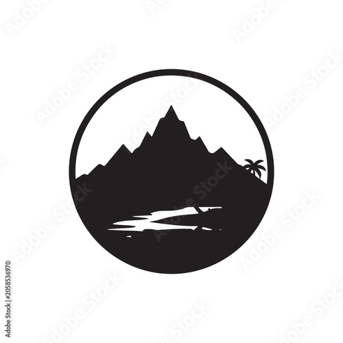 Minimalist black and white circular featuring a sharp mountain peak silhouette and a single palm tree on a white background