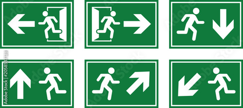 Green emergency exit sign vector collection with running man silhouettes and directional arrows indicating safe evacuation routes.