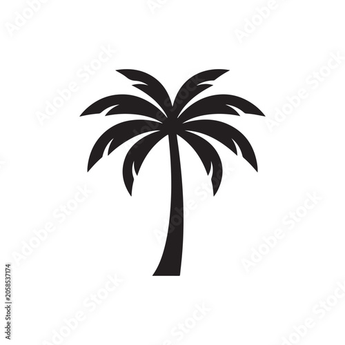 Minimalist black silhouette of a tropical palm tree, isolated on a white background, flat for summer and island themes