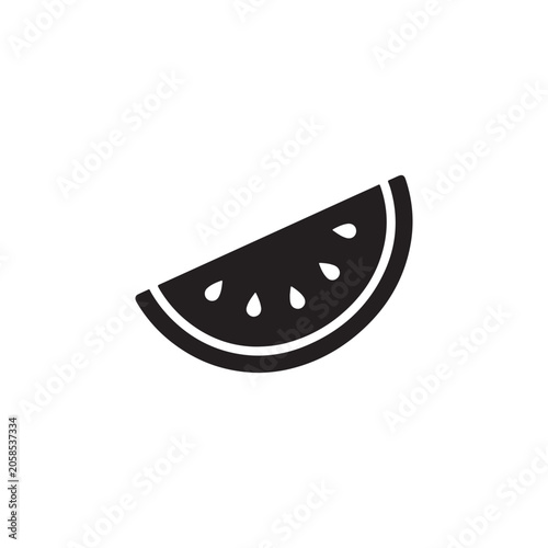 Simple black and white of a single slice of watermelon with visible seeds isolated on a clean white background