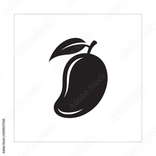 Simple black silhouette of a single fresh mango fruit with a leaf, isolated on a white background, for food and, healthy eating concepts