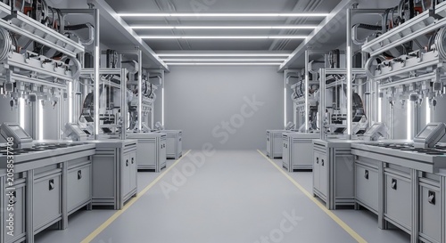 Sleek, modern automated factory corridor with robotic assembly lines and bright LED lighting.