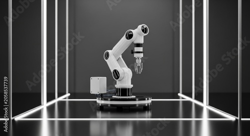 Sleek white industrial robotic arm with intricate joints poised for action in a modern manufacturing setting