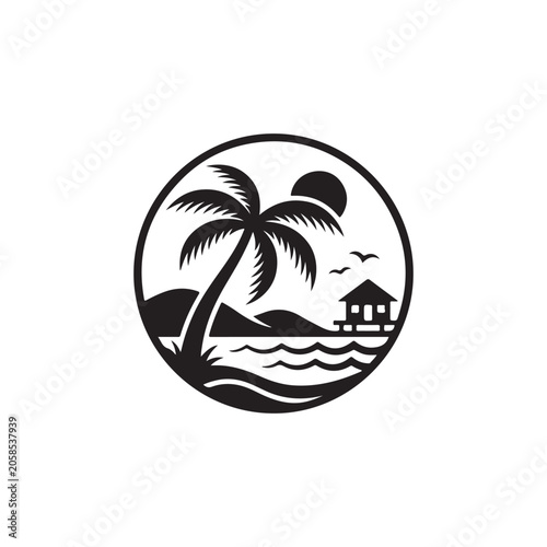 Tropical island scene inside a circle featuring a single palm tree, a small beach hut, and a sunset over the ocean on a white background