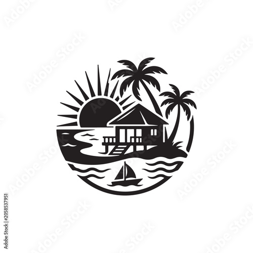 Tropical beach resort featuring a bungalow, palm trees, a sailboat, and a setting sun inside a circle on a white background