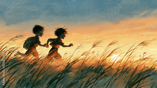 Two Young Boys Racing Side by Side Through a Grassy Field, Wind, Golden Hour Backlight, one Slightly