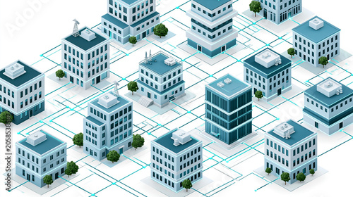3d Isometric City Blocks With Data Network Lines Connecting Buildings, Clean White Background, Blue