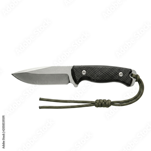 Tactical fixed-blade survival knife with textured handle and lanyard.