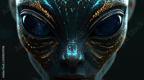 Cinematic close-up portrait of an advanced humanoid alien face with glowing bioluminescent skin