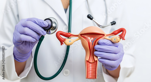 Doctor in purple gloves holds anatomical model of female reproductive system and stethoscope
