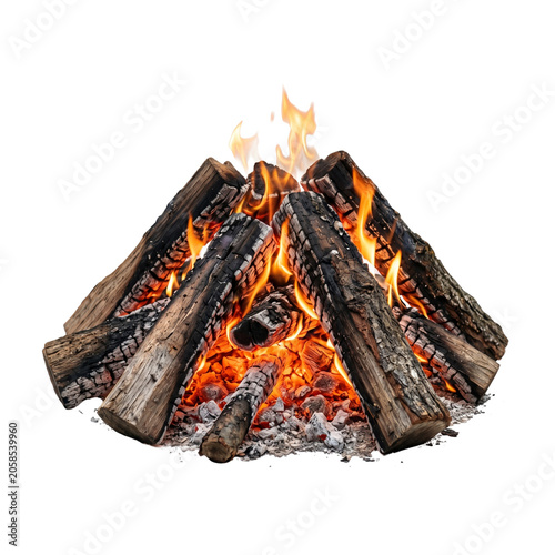 Blazing Outdoor Campfire with Burning Wood Logs, Embers, and Charcoal.