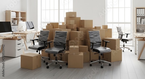 Large pile of brown cardboard moving boxes stacked in the middle of a spacious, modern corporate office interior.