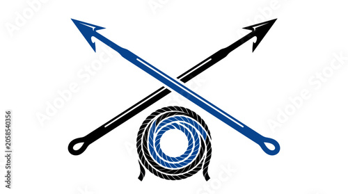 Fotografía Crossed fishing harpoons and coiled rope nautical emblem.