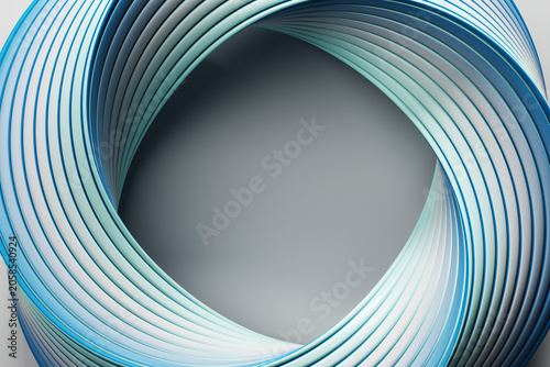 Abstract curved layered blue rings forming smooth circular frame on soft grey...