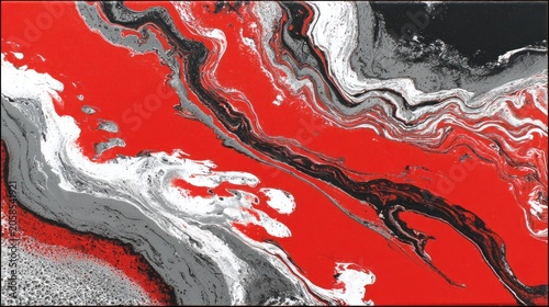 Vibrant fluid dynamics create an abstract composition of red, gray, black, and white swirling patterns