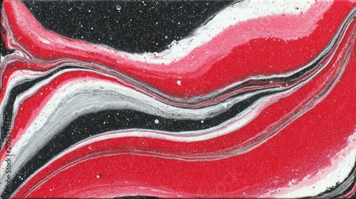 Vivid liquid acrylic pour creates swirling patterns of red black and white with glitter