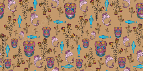 Seamless Horizontal Pattern of Colorful Sugar Skulls and Blue Fish on Beige Background