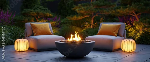Panel kuchenny z motywem Evening patio with glowing fire bowl, modern seating, lanterns, and lush garden for cozy outdoor gatherings.