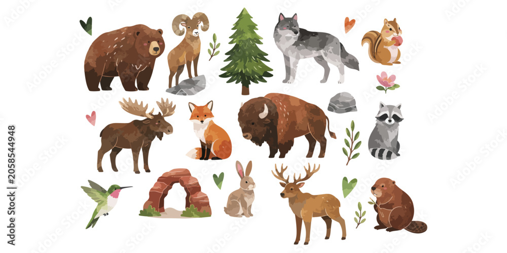 Fototapeta premium Watercolor North American forest wildlife animals and nature set