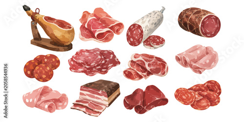 Watercolor gourmet cured meats and traditional sausages set