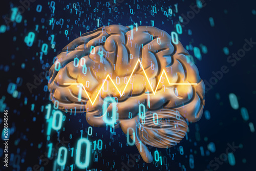 Digital brain with binary code streams and glowing signal line illustrating v...