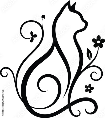 Black cat silhouette with floral design