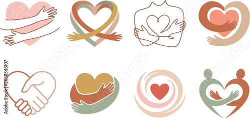 Self Love and Care Icon Set with Hugging Heart Line Art and Empathy Symbols for Mental Health Wellness Support Community and Therapy Designs
