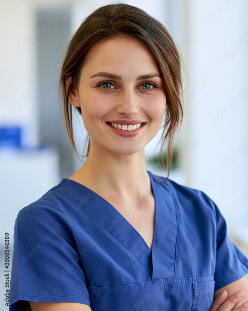 Fototapeta premium Confident Female Nurse in Blue Scrubs Providing Professional, Friendly Healthcare Services at Modern Clinic