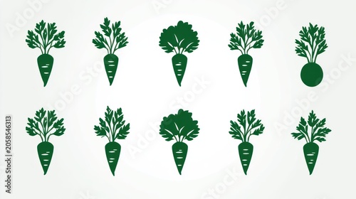 Collection of stylized green root vegetable icons displays diverse foliage shapes