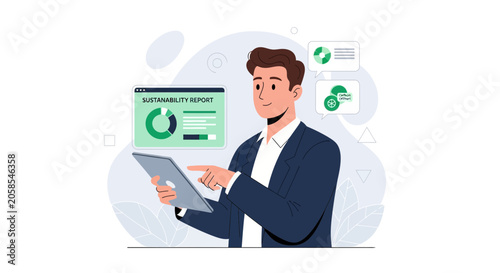 Businessman analyzing sustainability report on tablet with charts and carbon footprint data, modern flat illustration style