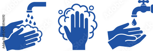 фотографія Hand washing icons set in blue, hygiene and sanitation symbols for health safety