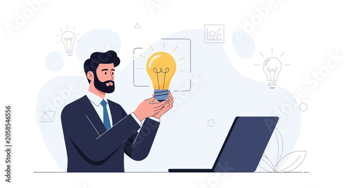 Businessman holding a glowing light bulb, symbolizing innovation, creativity, and new ideas, with a laptop and abstract elements in the background.