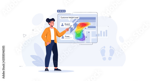 Businesswoman analyzing customer behavior heatmap and foot traffic data on digital dashboard for marketing insights