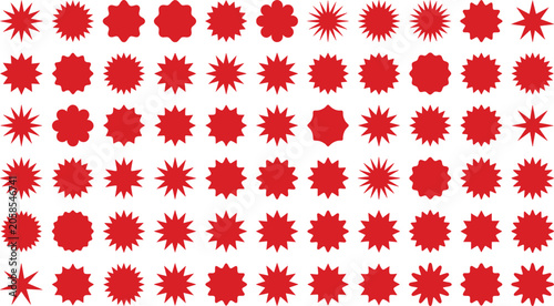 Tableau sur toile Red starburst sticker set, 72 vector sunburst shapes and price tag labels, brigh