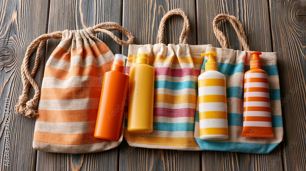 Obraz premium Beach bags held sunscreen bottles on wood, seen from above.