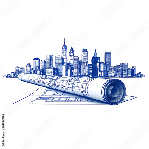 Foto Architectural blueprint unfurled before a city skyline