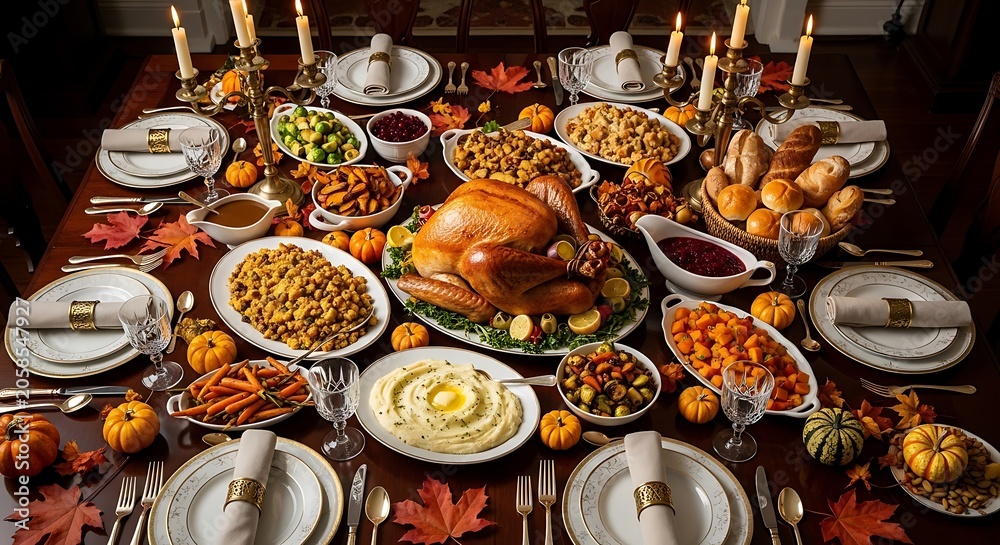 Fototapeta premium Lavish Thanksgiving banquet feast with roasted turkey and autumn harvest dishes on dark table