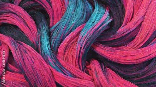 Vibrant magenta and cyan strands of textured material are closely intertwined in a flowing abstract pattern.