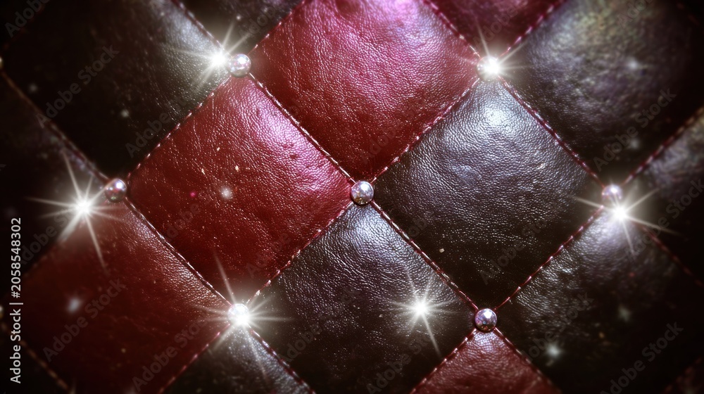 Naklejka premium Richly upholstered diamond-quilted surface displays alternating dark burgundy and deep brown panels accented with sparkling studs.