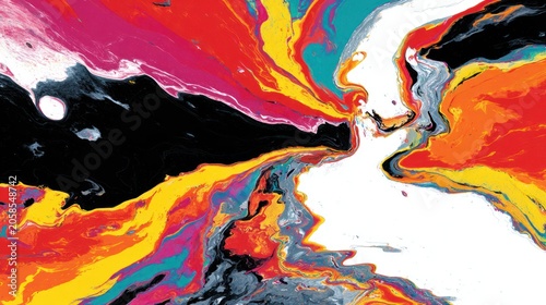 Vivid colors swirl and mix in an abstract fluid dynamics composition with central negative space