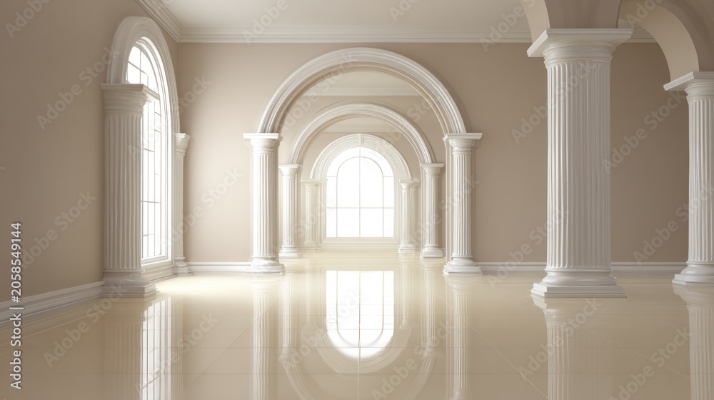 Fototapeta premium Symmetrical series of classical arches and columns lines a brightly lit interior hall