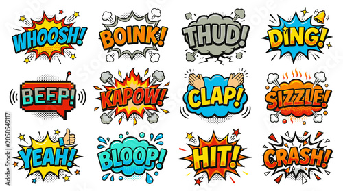 Vibrant comic bubbles with sizzle and thud sound effects.