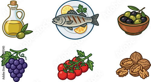 Foto Mediterranean Diet Food Vector Icon Set Featuring Extra Virgin Olive Oil, Grille