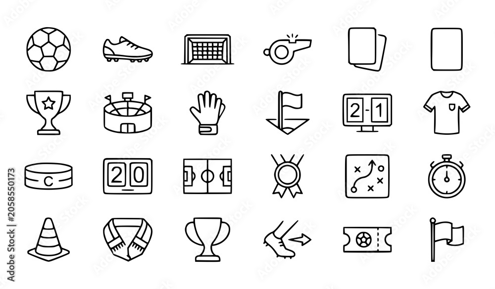 Fototapeta premium Soccer line icons set football stadium equipment and referee symbols