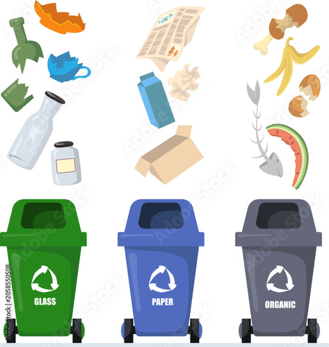 Cuadro en lienzo Recycling bins, waste management icons, eco-friendly trash cans, color-coded rec