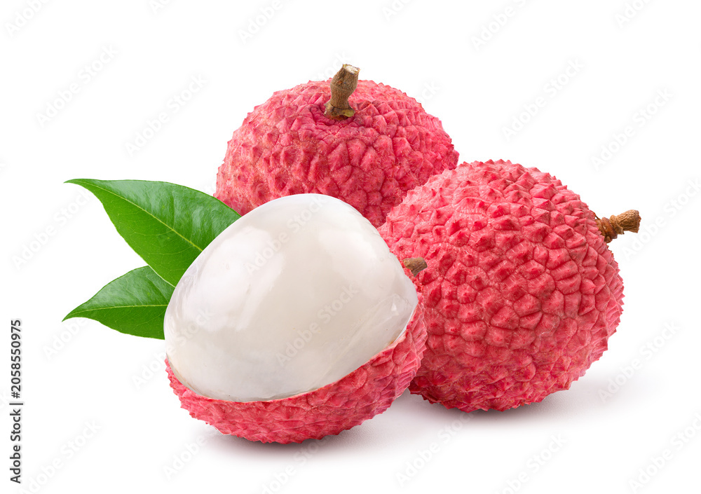 Obraz premium Juicy Lychee with cut in half isolated on white.