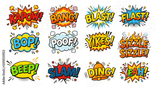 Vibrant comic sound effect bubbles with Blast and Slam.
