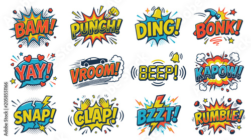 Vibrant comic sound effects collection with punch and vroom words.