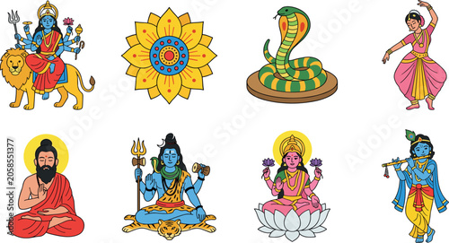 Quadro su tela Hindu Deities and Indian Culture Vector Illustration Set Featuring Shiva Lakshmi