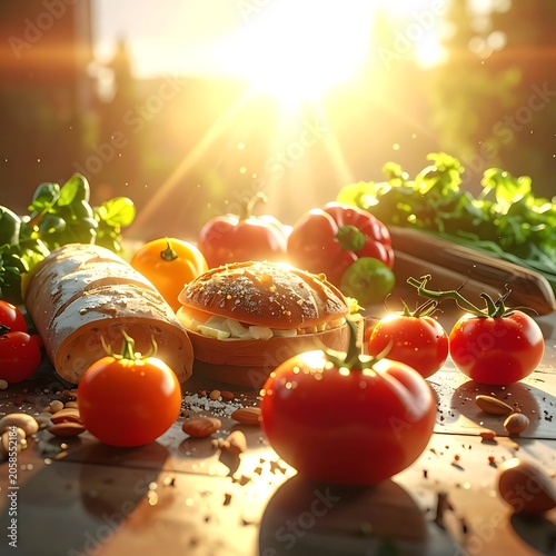 A vibrant still life of fresh vegetables and a burger